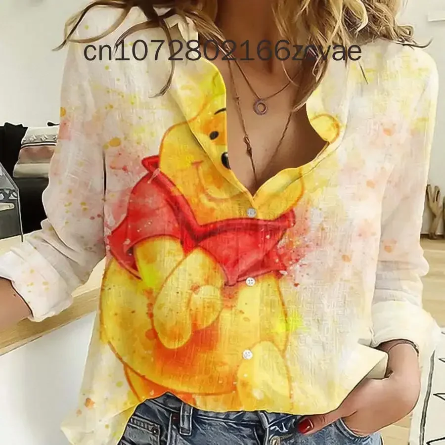 2024 New Disney Piglet Hawaiian Shirt Women's Disneyland Long Sleeve Button Up Shirt Casual Fashion Beach Shirt Vintage Tops