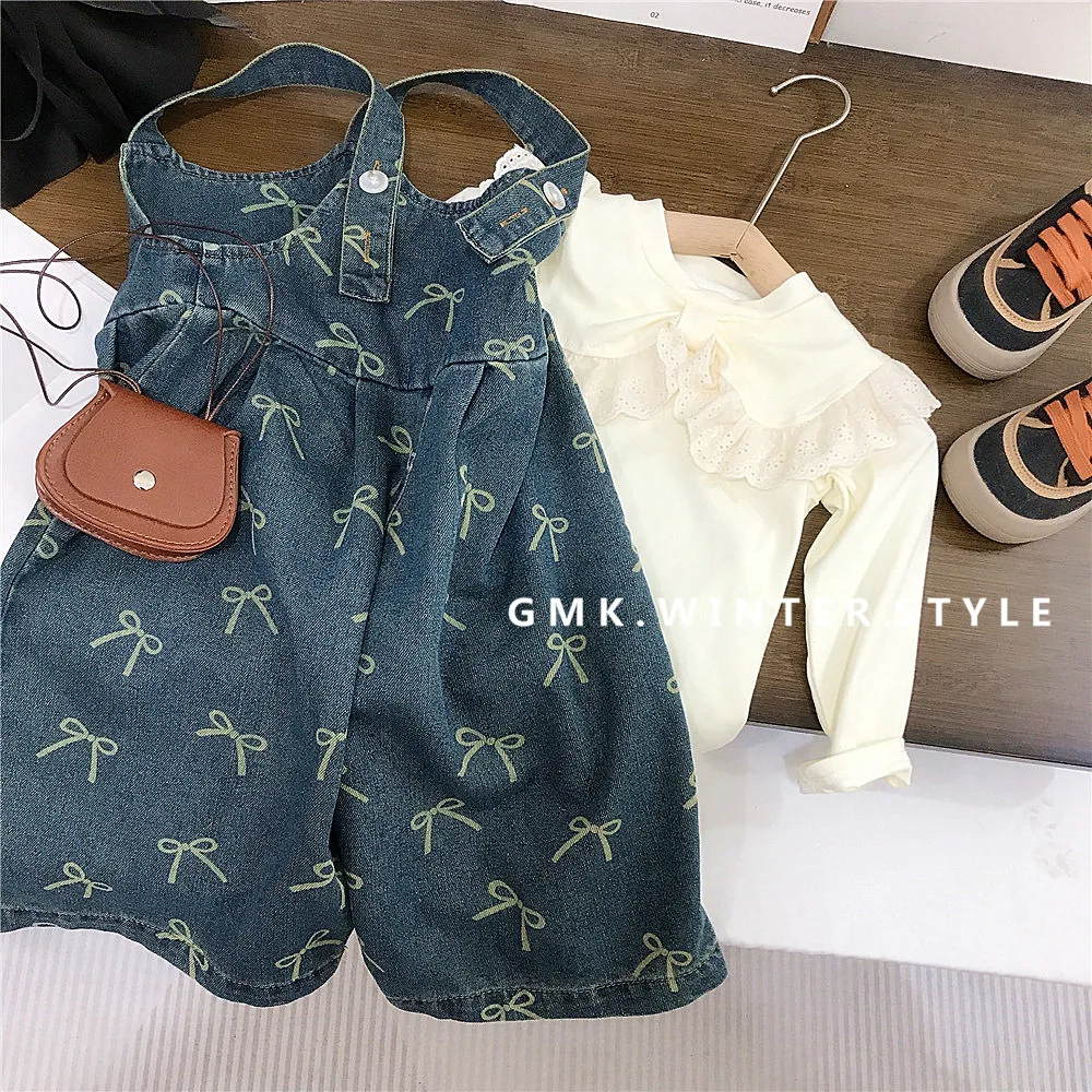 Korean Spring Autumn Little Girl 2PCS Clothes Set Lace Bow Collar Undershirt Suit All Print Denim Strappy Pant Baby Girl Outfits