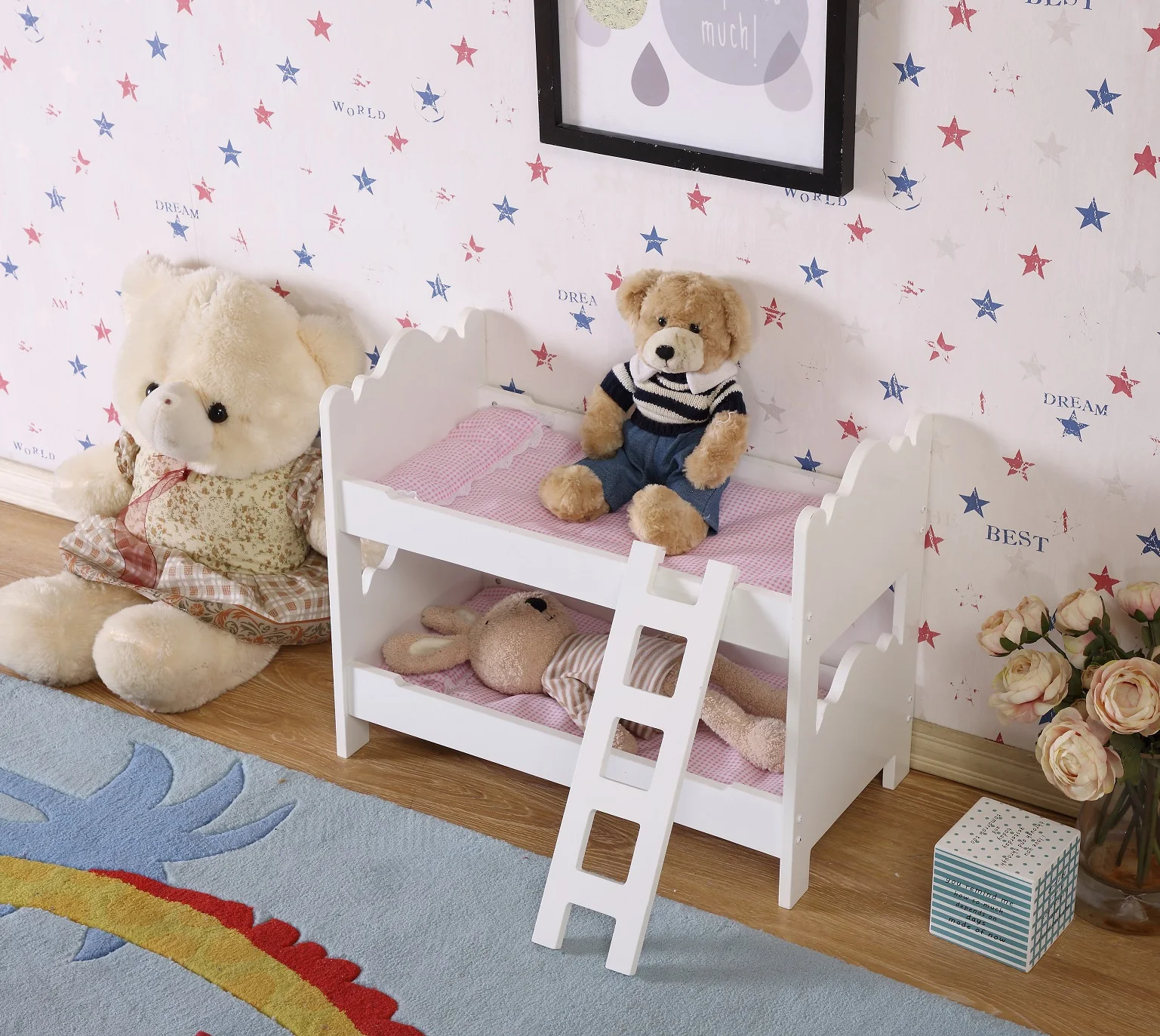 木製人形二段ベッド 人形家具 人形ベッド はしごと寝具セット付き 20インチまでの人形に適合 子供向け