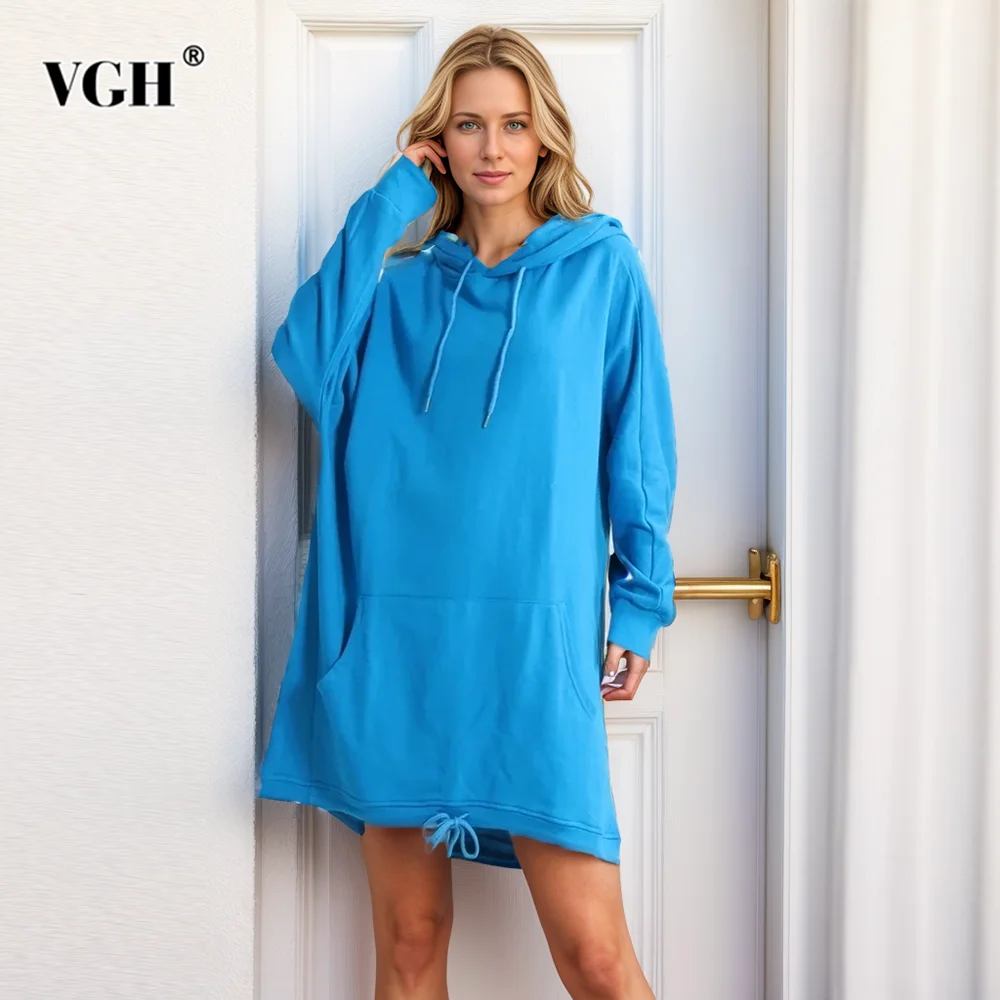 VGH Casual Loose Pullover Sweatshirt For Women Hooded Long Sleeve Patchwork Draswstring Minimalist Soild Sweatshirts Female New