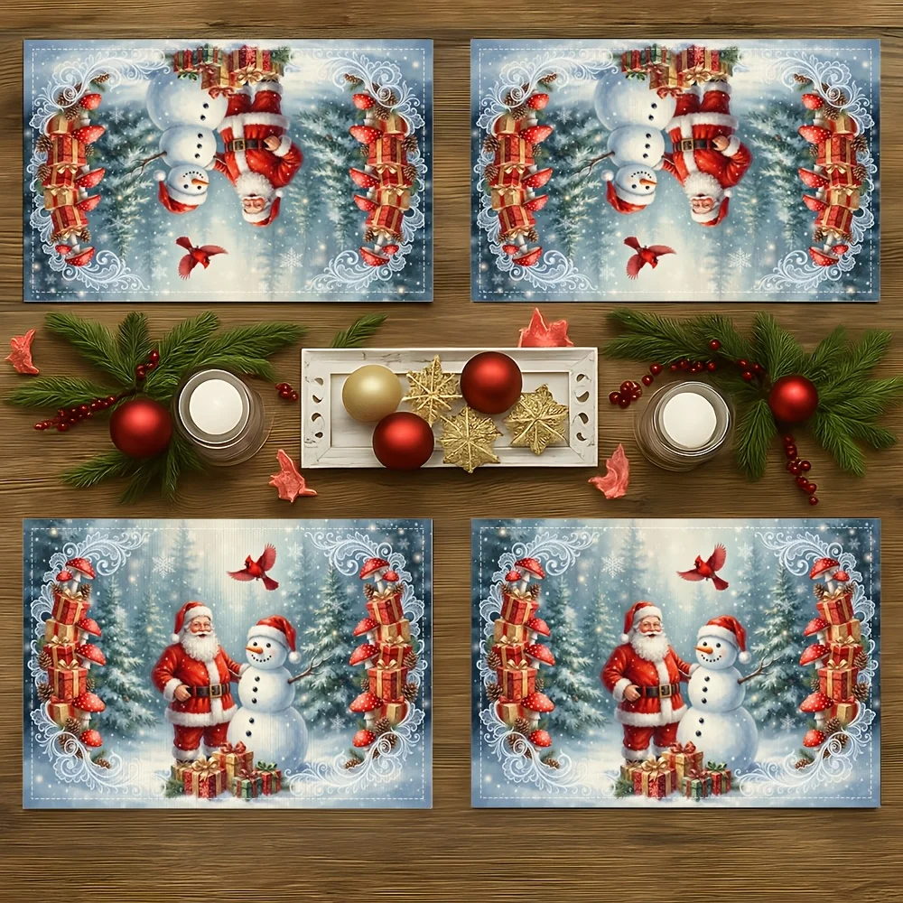 Adorable Tabby Cat With Red Cardinal Bird On Black Snowflake Background Linen Placemat For Winter Holiday Table Centerpiece