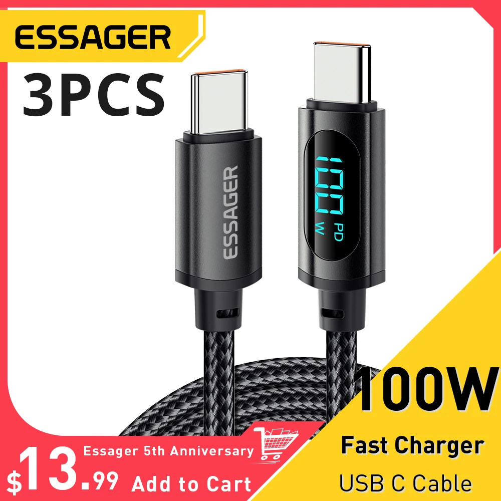 

Кабель Essager usb-c/usb-c, для Huawei, Samsung, Poco F3, ноутбука, iPad, в оплетке, PD 100 Вт, 3 шт., 5 А, с функцией быстрой зарядки