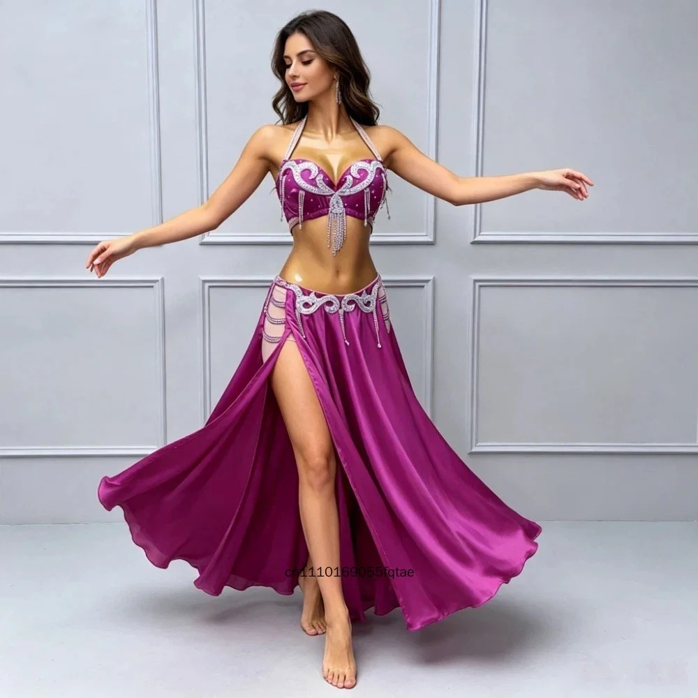 Adult AB Stone Belly Dance Costume Rose Red Split Skirt High Flash Samba Stage Performance Elegant Dance Dress For Women Perform