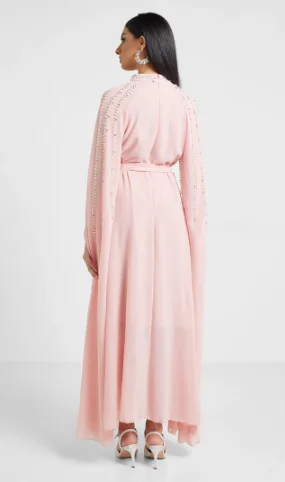 Abiti da sera formali personalizzati eleganti in chiffon rosa con collo alto e maniche lunghe, abiti da ballo Dubai con pieghe a scialle con perline lucide