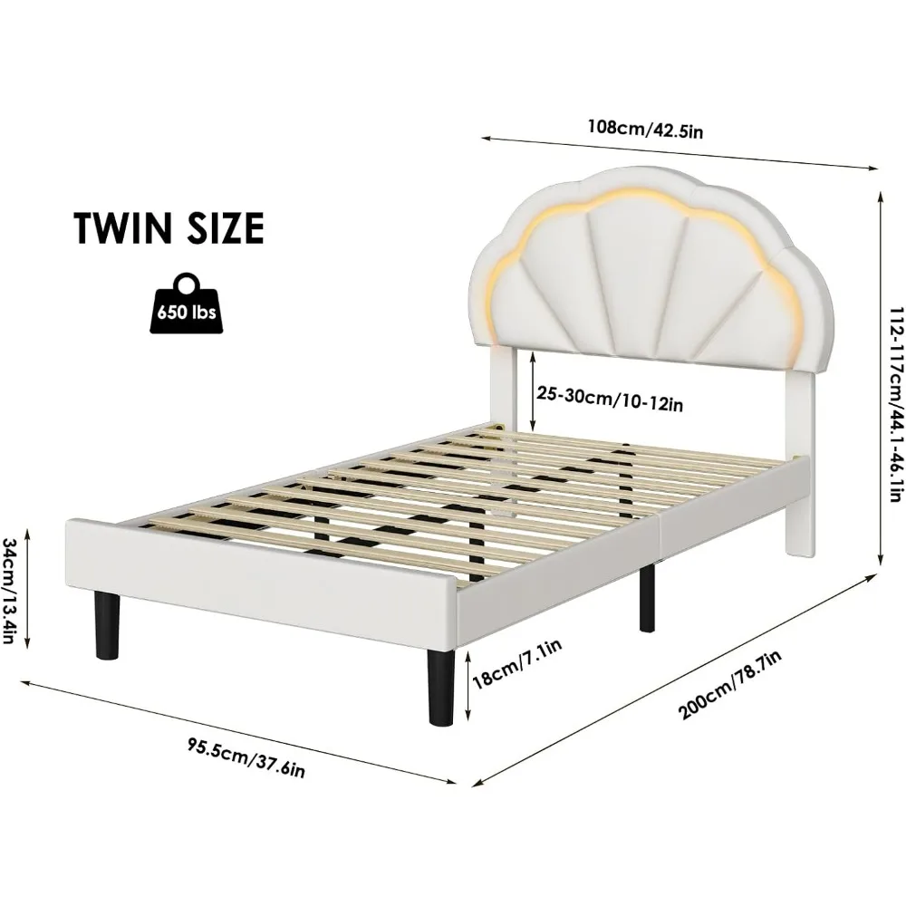Twin gestoffeerd slim LED-bedframe met verstelbaar chic bloemblaadjeshoofdeinde, Princess Twin Size platformbedframes voor kinderen/meisjes
