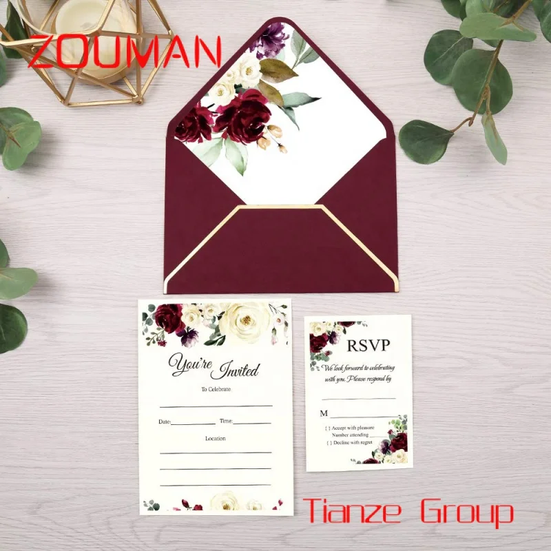 Custom , Red flower elegant wedding invitation card set with envelope customize available