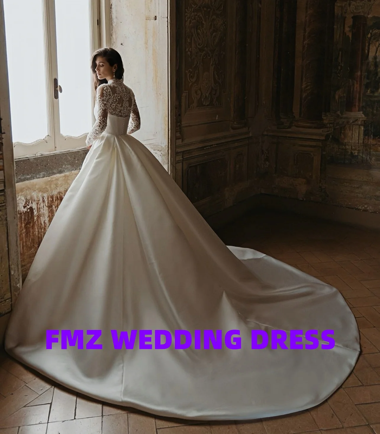 Personalizzato collo alto a maniche lunghe sirena coda staccabile amanda novias abiti da sposa abito da sposa amanda novias