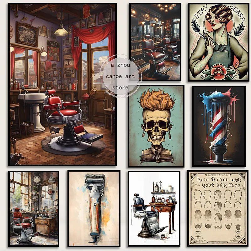 Carteles artísticos Retro de barbería tatuada, pintura en lienzo, impresiones de pared, imágenes, decoración del hogar