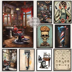 Retro Barber Shop Tattooed Barber Girl Old Mam HairStyle Art Posters Canvas Painting Wall Prints Pictures Barber Shop Home Decor