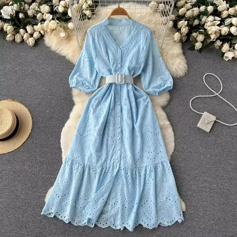 Women Summer White Half Lantern Sleeve V Neck Embroidery Lace Long Dress Elegant Single-breasted Belted Boho Dresses Vestidos