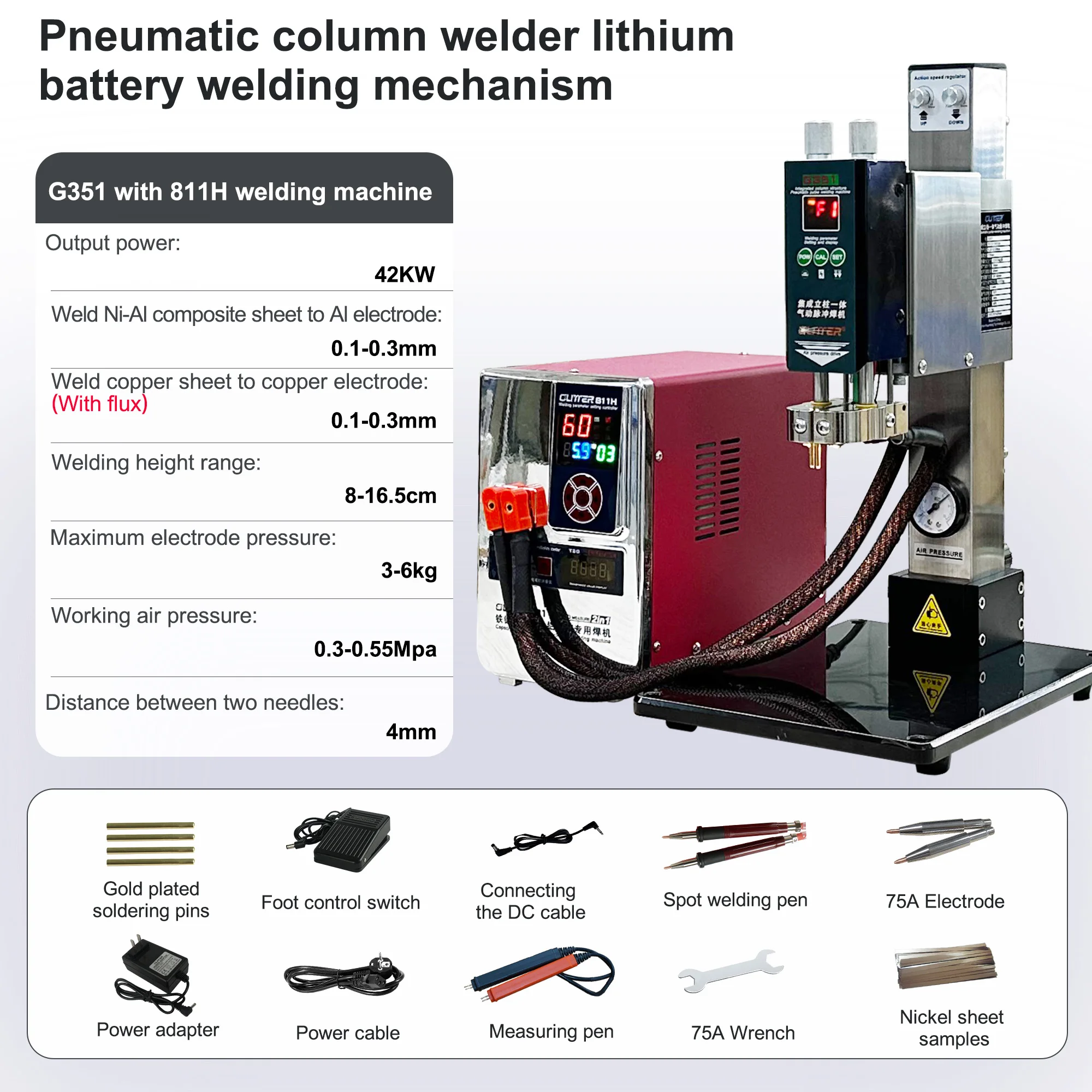 G351 Glitter Parallel Welding 36kw 811A/42kw 811H + AIR2550 Pneumatic Column Welder Lithium Battery Welding Machine Spot Welding