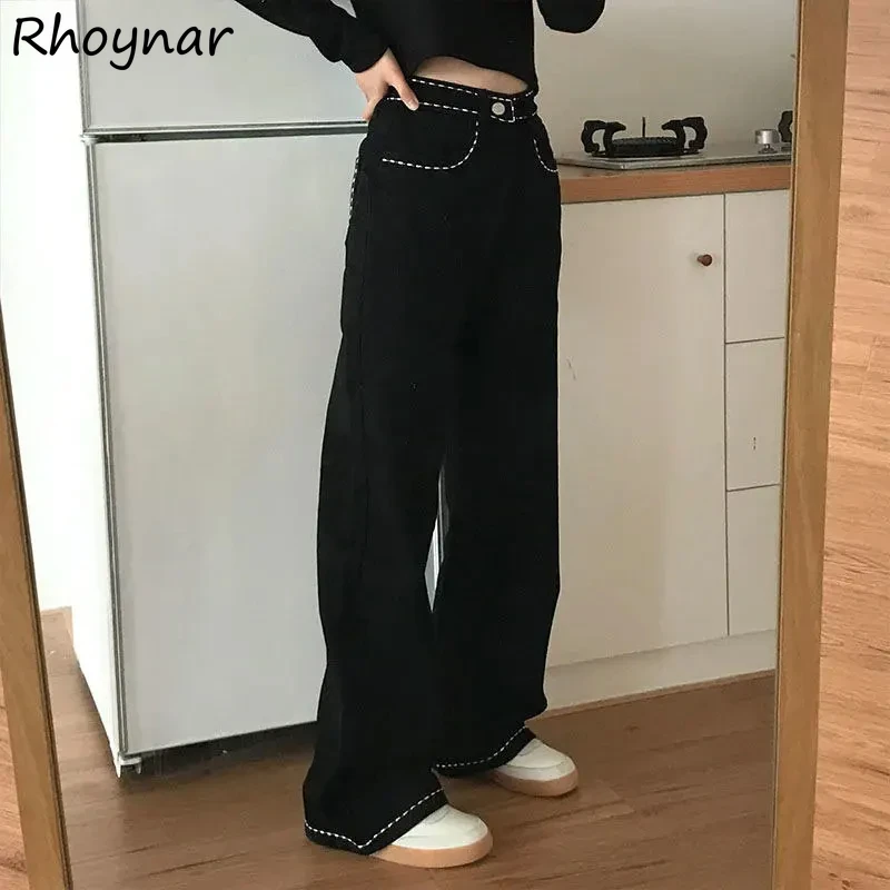 Mopping Embroidery Jeans Women Draped Korean Style Students Retro Hip-pop High Street Baggy Outwear Empire Slim Denim Trousers