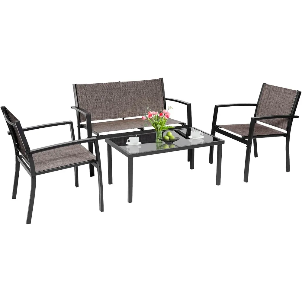 

4 Pieces Patio Furniture Set, Outdoor Conversation Sets for Patio, Lawn, Garden, Poolside Balcony Set with Loveseat Tempered Gla
