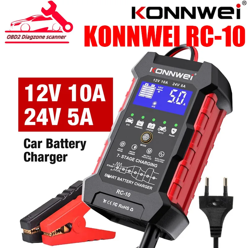 

KONNWEI RC-10 Car Battery Charger Pulse Repairl tool for 12 V 5A 24 V 10A Lead acid battery lithium with UK US UL EU Plugs