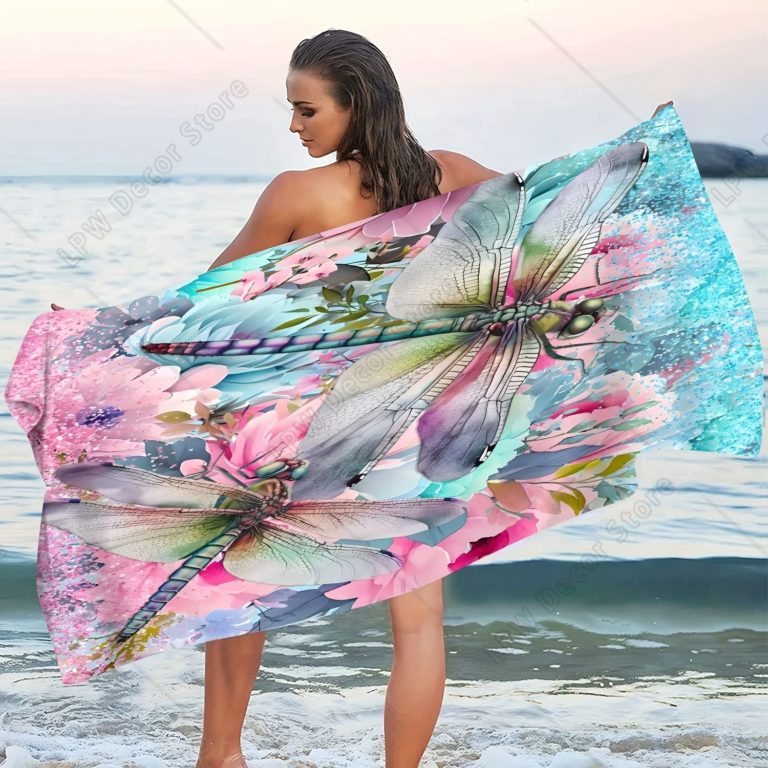 Powder and Ink Dragonfly Pattern Seaside Summer Microfiber Beach Towel