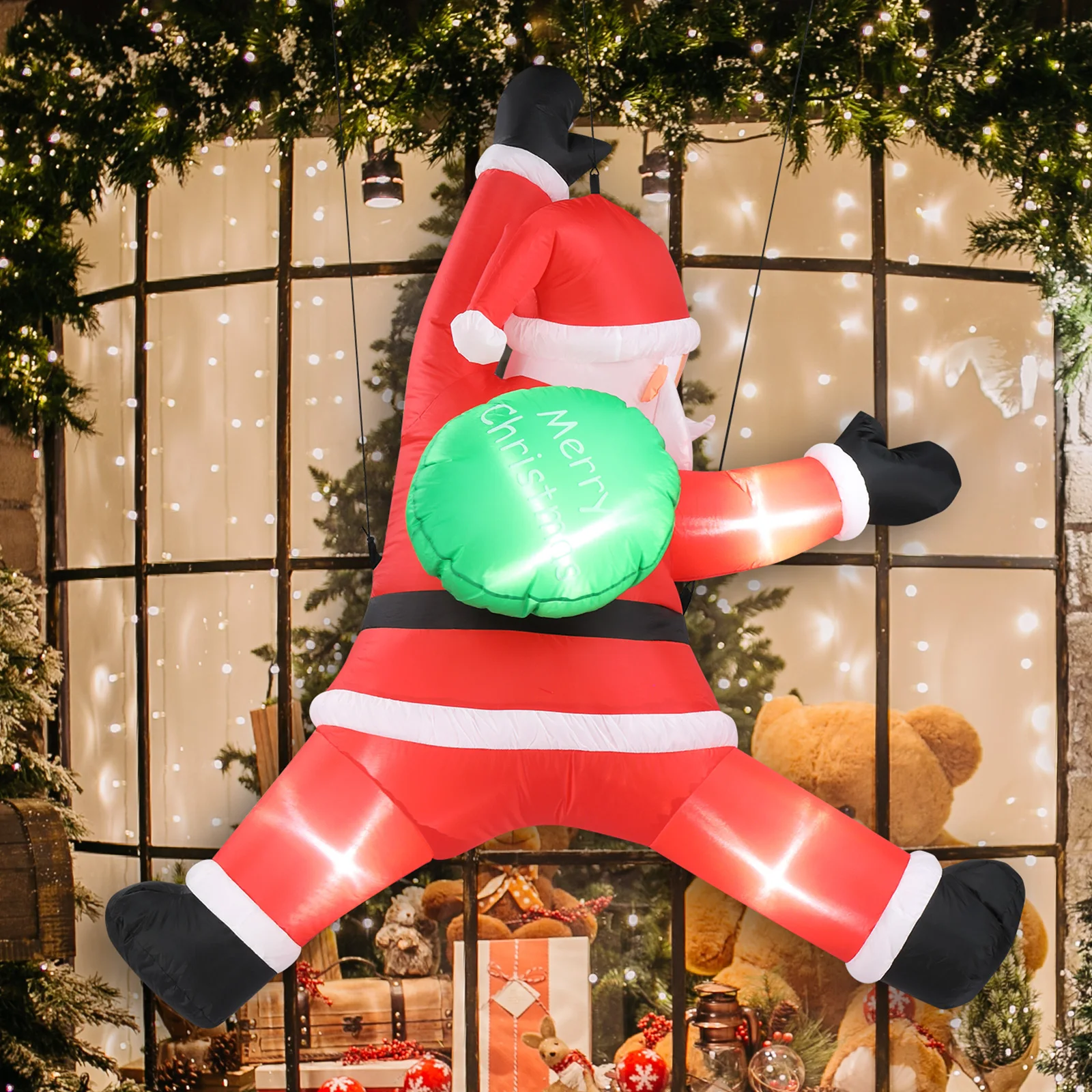 

4.9 FT Lighted Christmas Inflatable Decoration, Inflatable Hanging Santa Claus with Gift Bag, Funny Blow Up Yard Decorations