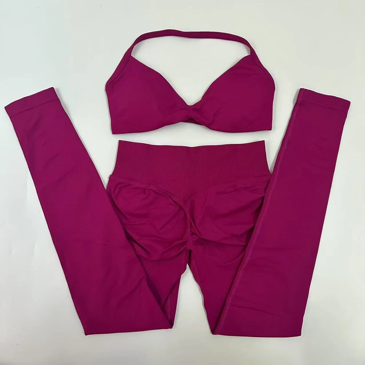 2pcs Seamless Yoga Set Women Yoga Scrunch Leggings Set Strappy Halter Sports Bra Fitness Gym Clothing Workout Set image 5