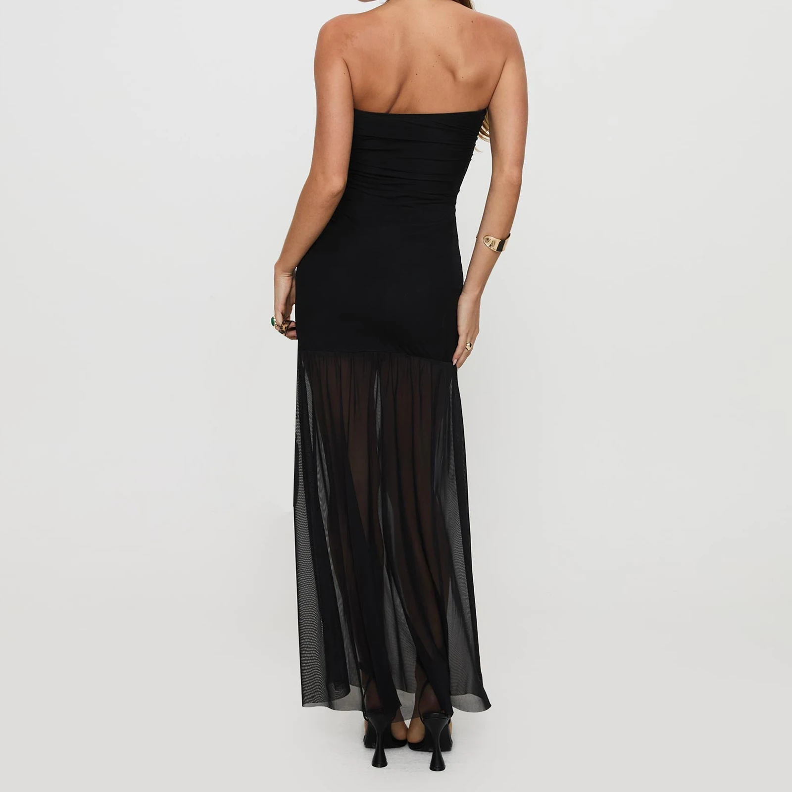 Sheer Strapless ชุดผู้หญิง Hem High Slit ชุดราตรีแฟชั่นวันหยุดวันหยุดแขนกุดชุดยาว Vestidos