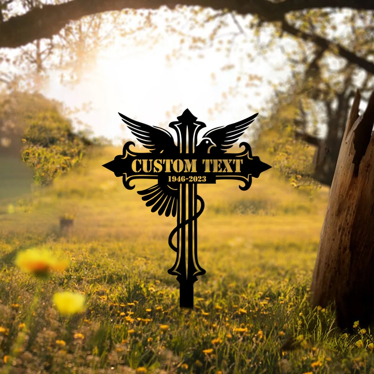 Custom Cross Memorial Stake, Bird Cross Metal Sign, Metal Grave Marker, Cemetery Stake, Loss of Loved One Gift