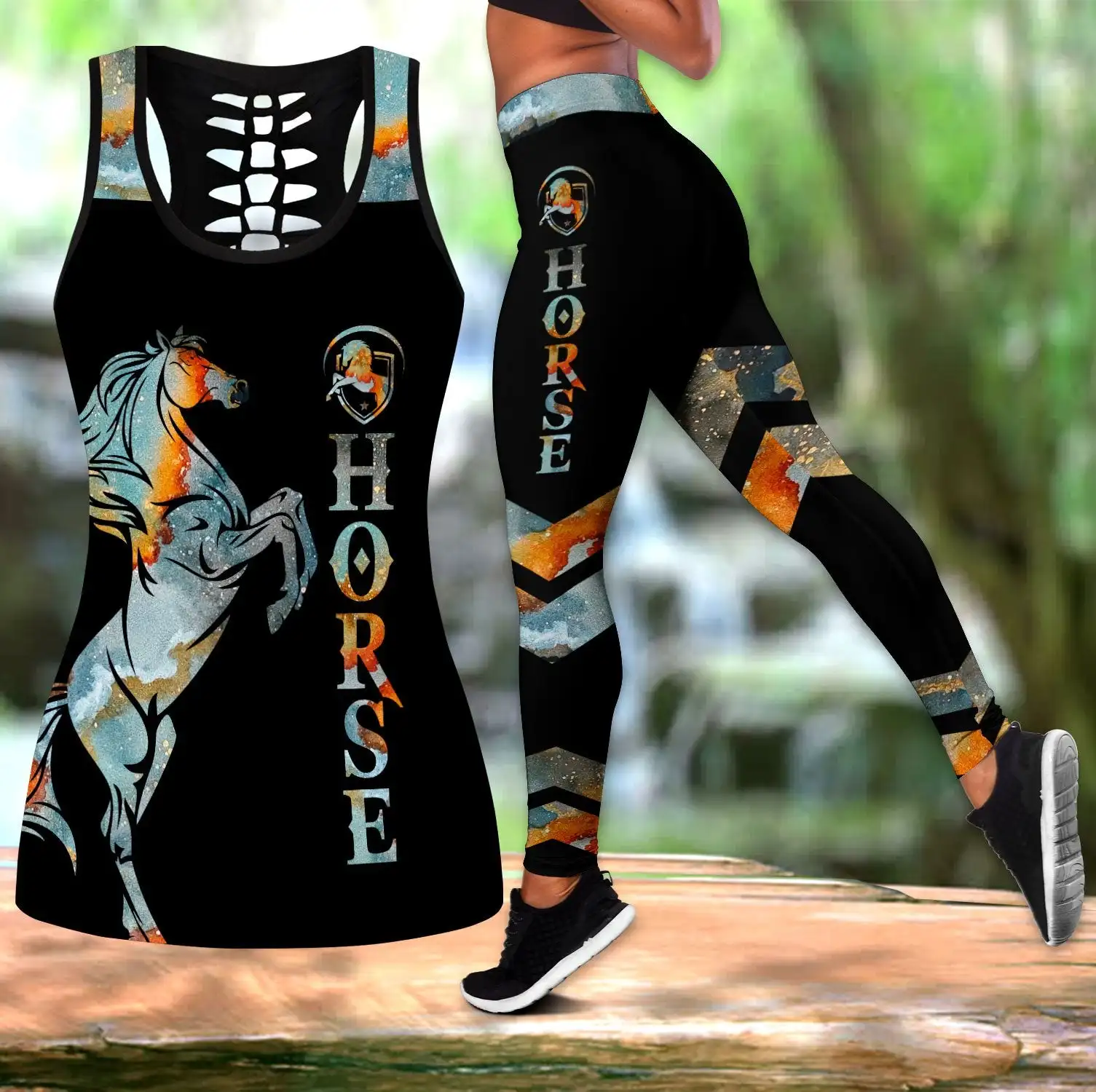 Beautiful Love Horse 3D All Over Printed Hollow Tank Top & Leggings Set Fitness Female Full Length Leggings Running Pants DDK88