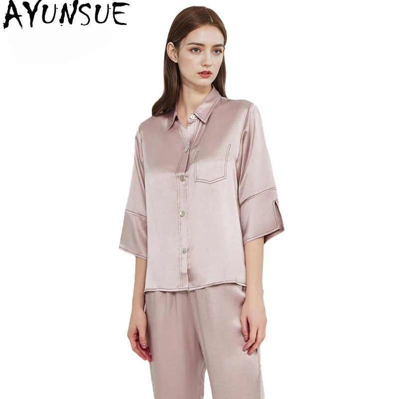 

AYUNSUE 100% шелковые пижамные комплекты 2026 Одежда для сна Женская домашняя одежда Лето 19 мм Шелковые повседневные длинные брюки Топы Пижама Женская