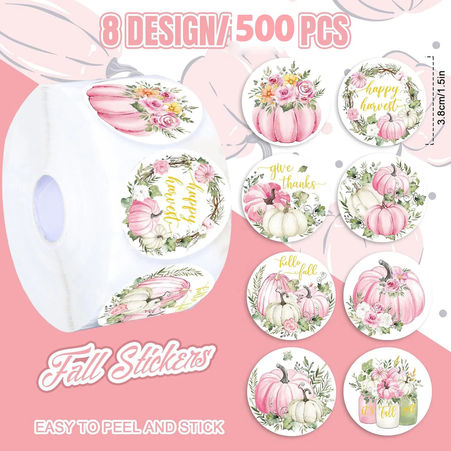 500 stks/rol Herfst Pompoen Roze Cartoon Afdichting Stickers DIY PVC Laptop Telefoon Cas Water Cup Decals Decoratie Beloning Geschenken speelgoed