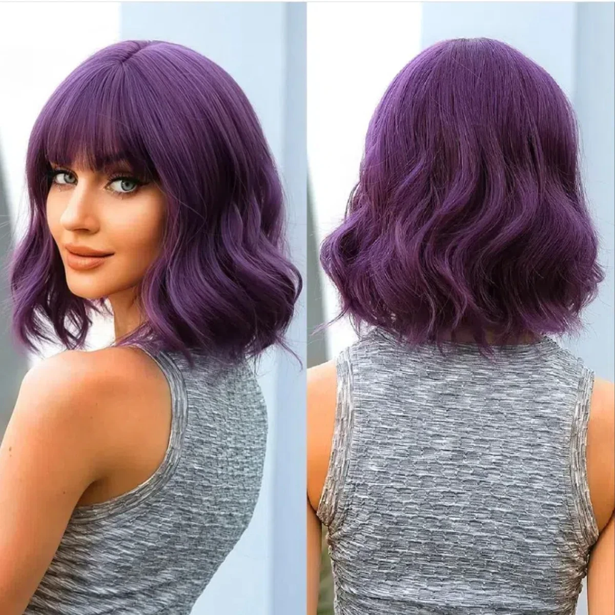 Women Natural Synthetic Wigs Purple Short Curly Wigs with Hair Bangs for Women Heat Resistant Look Full Hair Wigs Grils