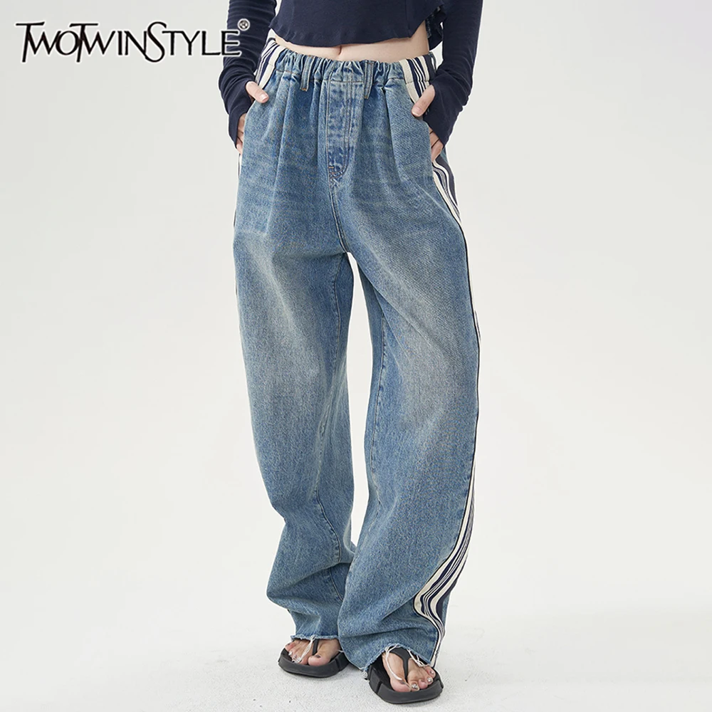 

TWOTWINSTYLE Colorblock Spliced Pockets Jeans For Women High Waist Patchwork Zipper Vintage Casual Jean Female Fashion Clothing