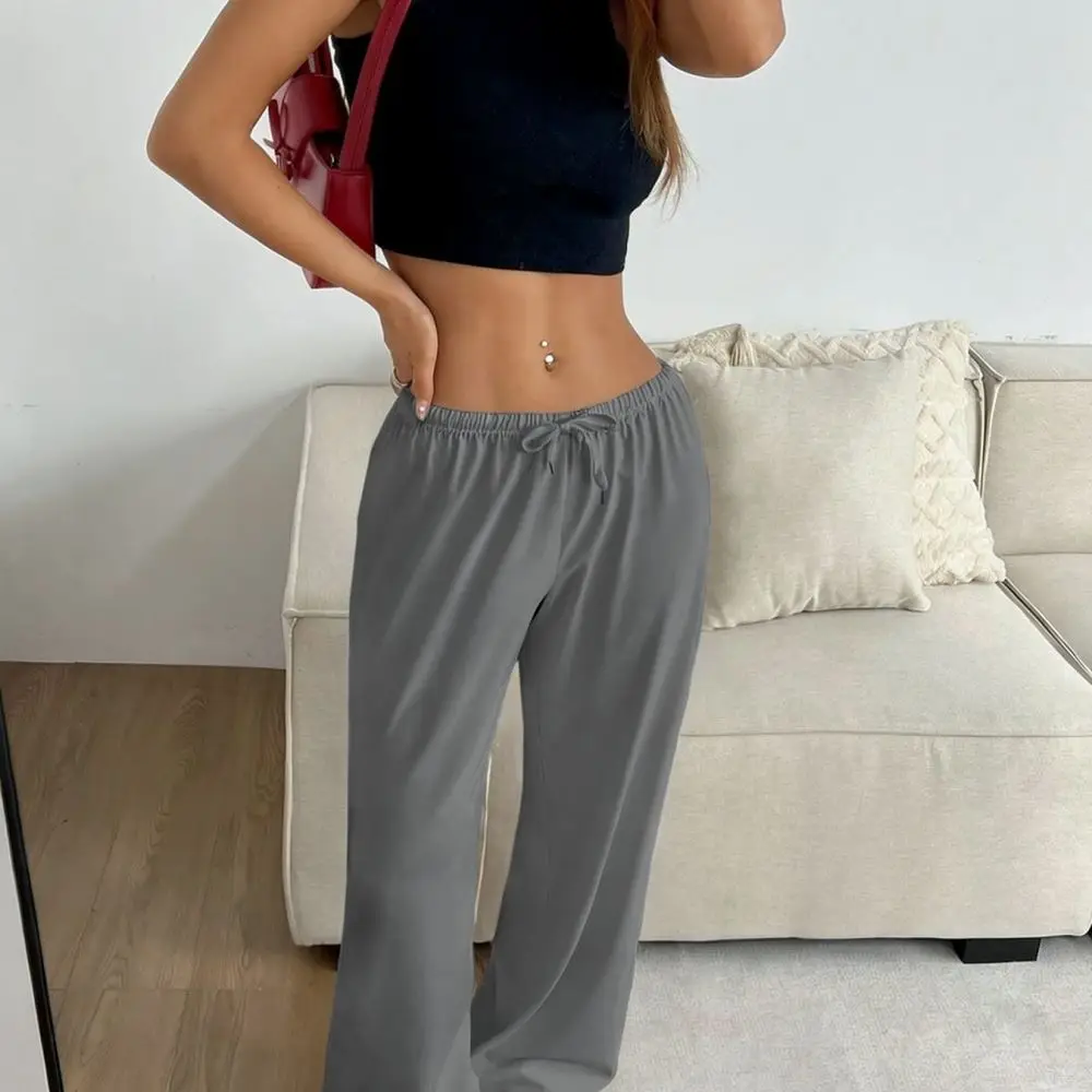 Comfortable Ladies Wide Leg Trousers Casual Loose Fit Elastic Waist Drawstring Solid Color Breathable Soft Fabric Lounge Pants