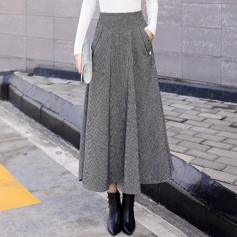 High Waist Vintage Plaid lattice Warm Wool Long Skirt For Women 2023 Elegant Casual Big Swing A-Line Saias Longas Female