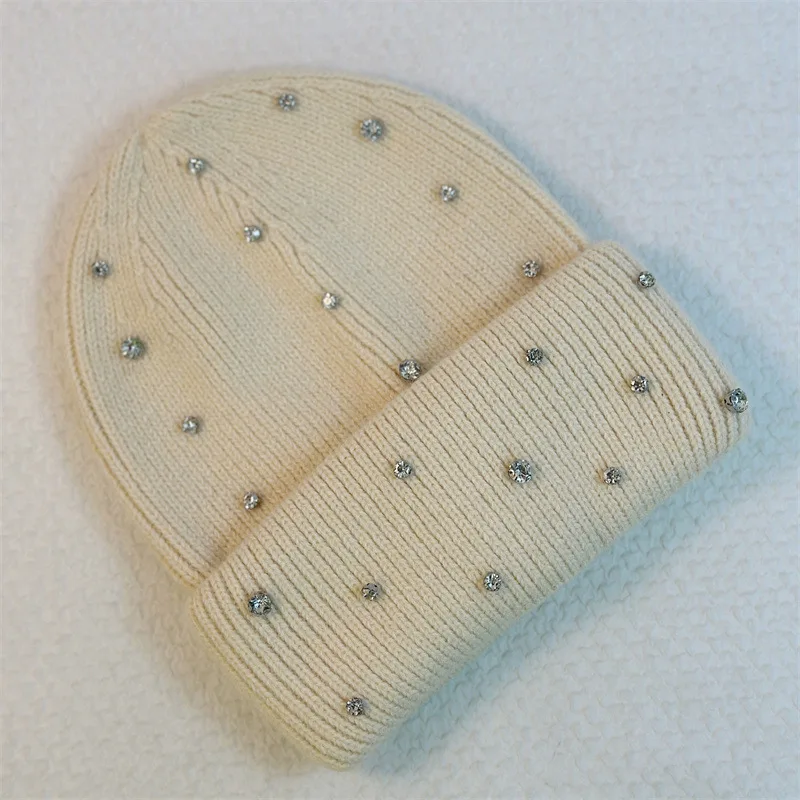 

Luxury Rhinestone Beads Knitted Hat Korean Women Rabbit Fur Wool Skullies Cap Winter Fashion Thickened Warm Bonnet Beanies