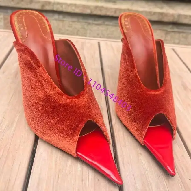 New Design Women Rhinestones Pearls High Heel Peep Pointy Toe Outdoor Slippers Contrast Color Velvet Shaped Crystal Heel Sandal