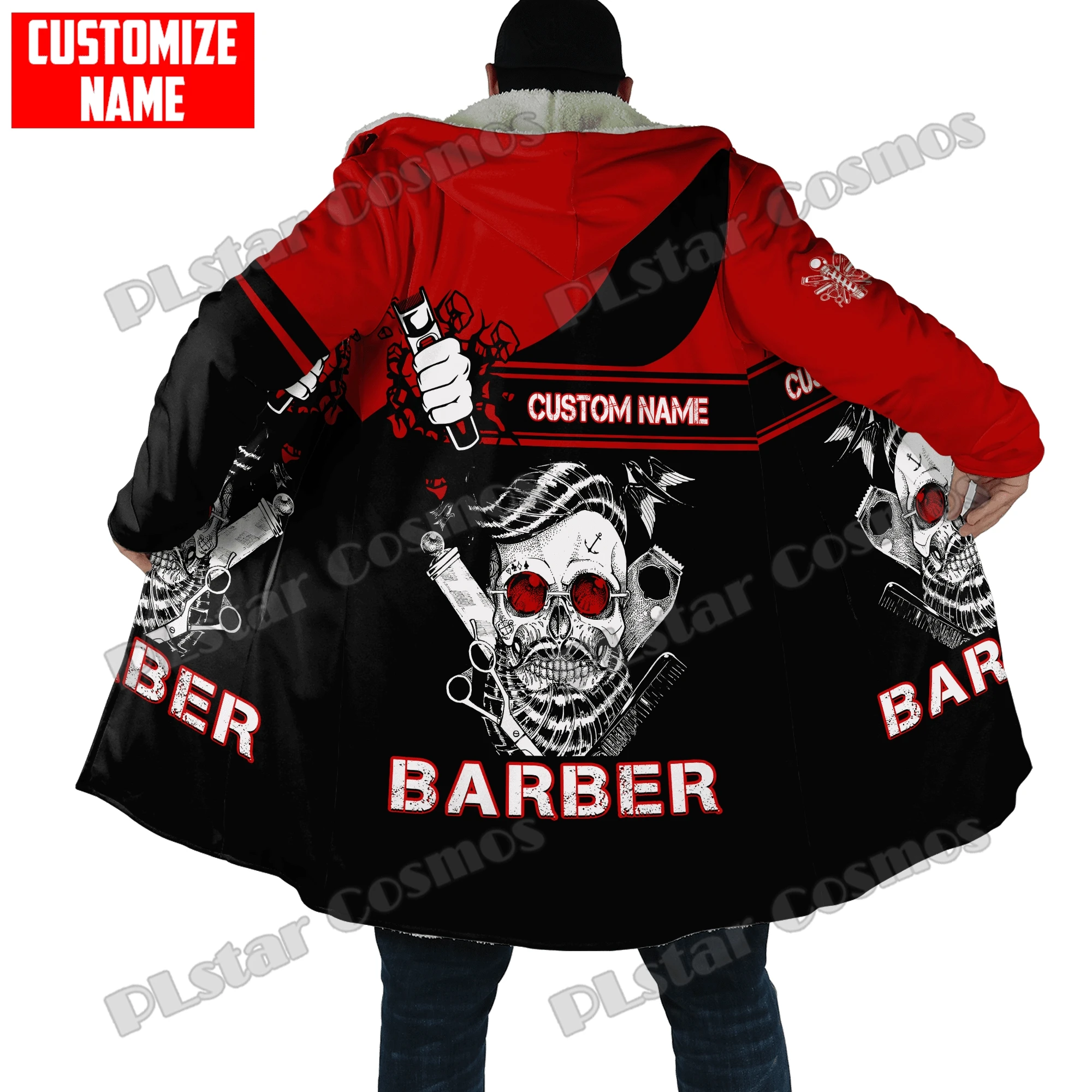 

Winter Fashion Mens Cloak Personalized Name Barber 3D Printed Fleece Hooded cloak Unisex Casual Thick Warm Cape coat PJ10