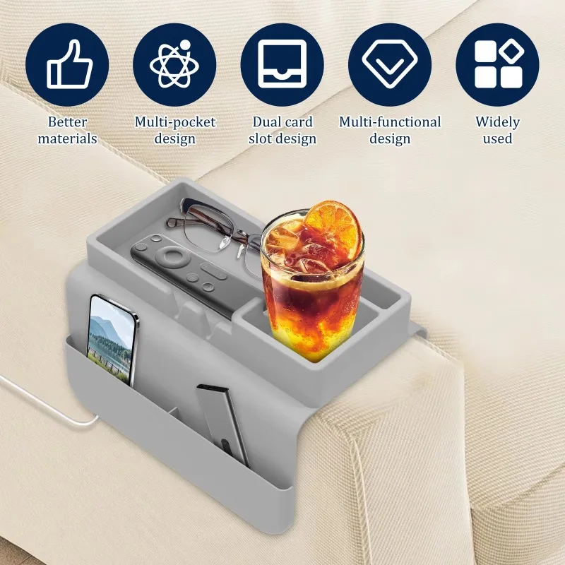 Sofa Cup Holder with Side Pocket Silicone Sofa Armrest Tray Dual Slot Beverage Snack Storage Phone Remote Control Organizer