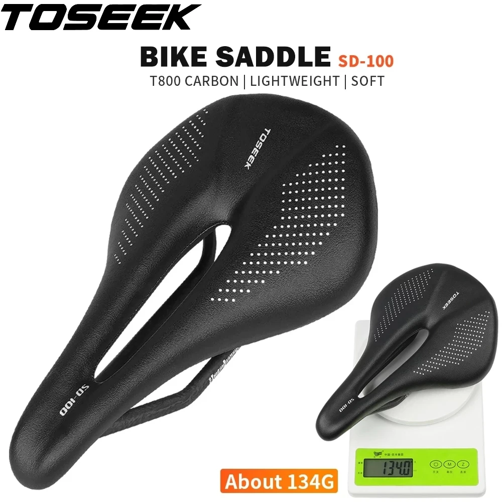 

TOSEEK MTB/Road Bike Full Carbon Saddle 143/155MM Saddle Super Light Leather Carbon Cushions Only 135g Carbon Rails Bicycle Seat