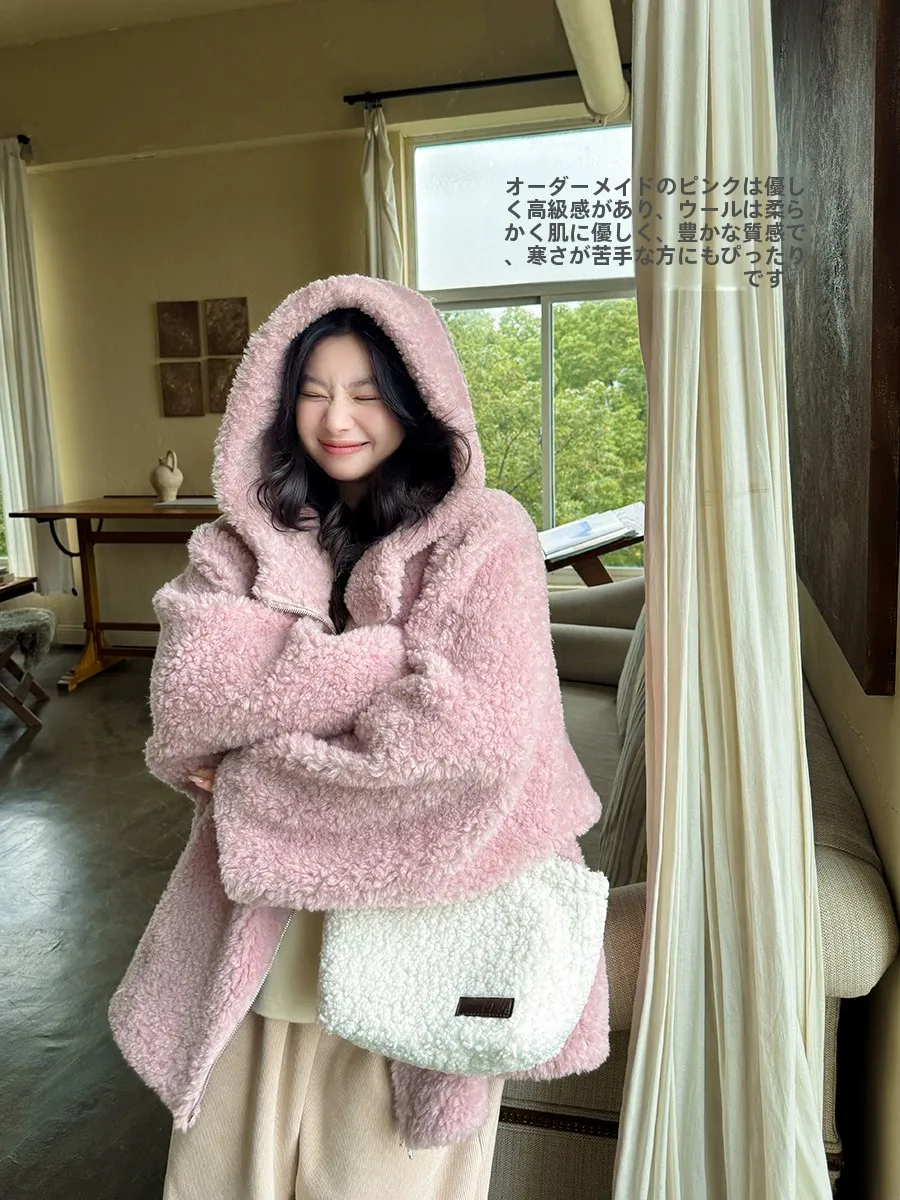 

Winter Thiened Warm Woolen Coat Pink Hooded Annu Forest Brand Pure Color Commute Sle Long Sve Zipper Closure Women's J...
