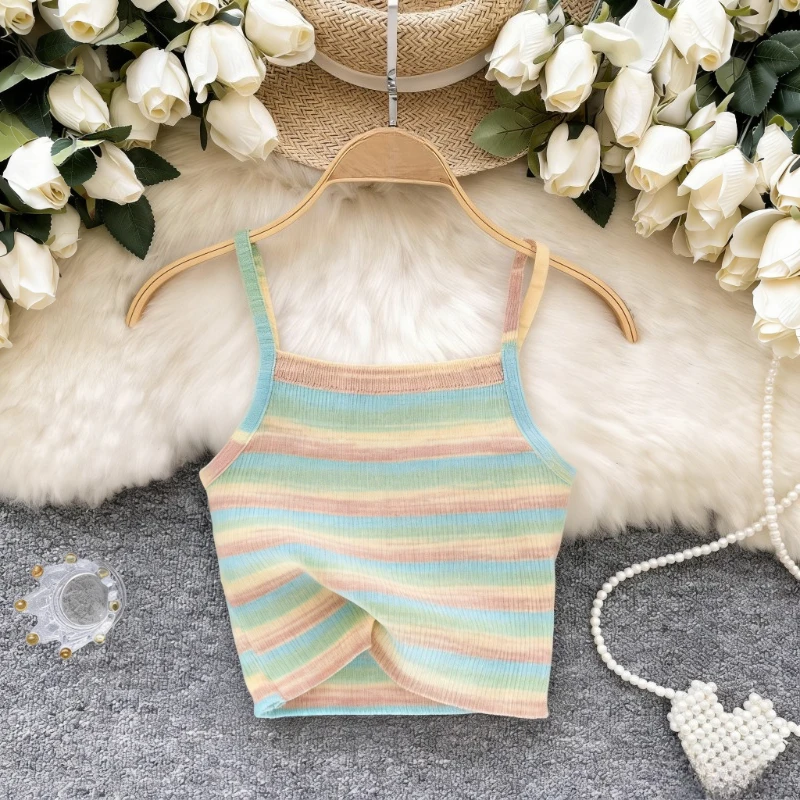 Orange Brown Stripe Crop Tank Women's Spaghetti Strap Sleeveless Stretchy Ribbed Knit Casual Boho Summer Cami Top Vest Outfits