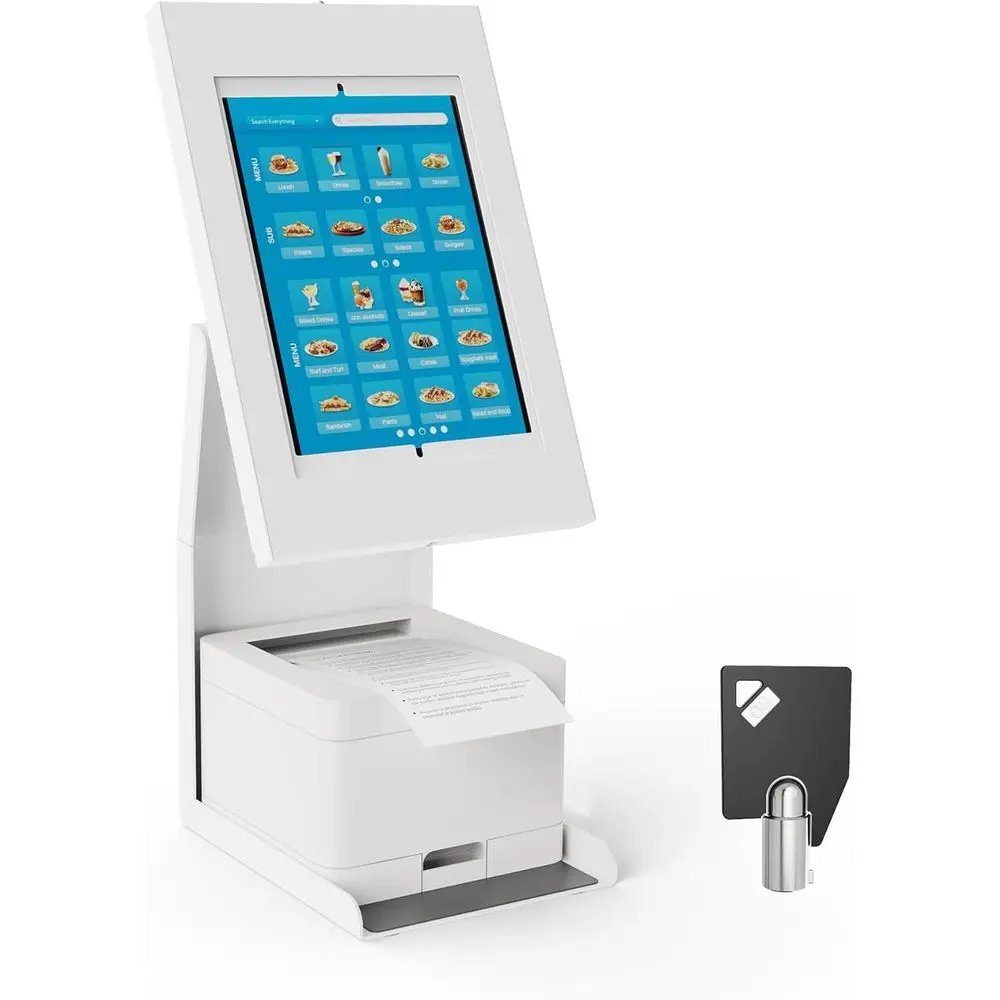 

White iPad Stand with Printer Shelf, Lockable, Rotatable & Tilt Adjustable, Fits iPad 7-11, Air & Pro Models