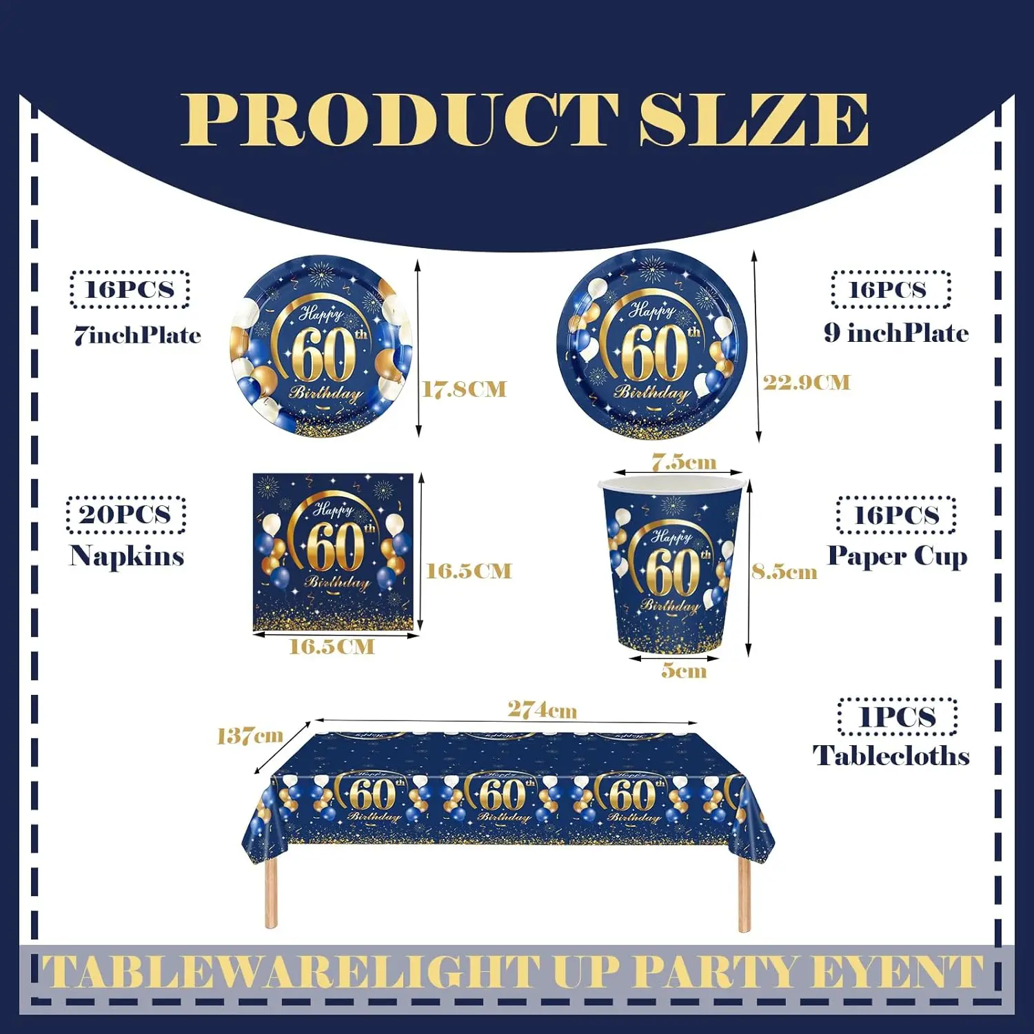 Navy Blue Gold 60th Birthday Decorations Happy 60th Birthday Tablecloth Paper Plates Napkins Cups Set 60th Birthday Table Women