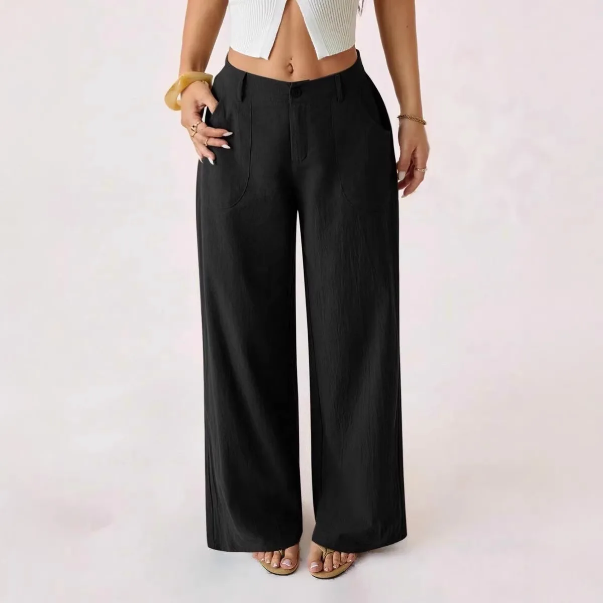 

2026 Spring New Cotton and Linen Wide-leg Pants Women's Mid-waist Trousers Casual Commuting Solid Color Pocket