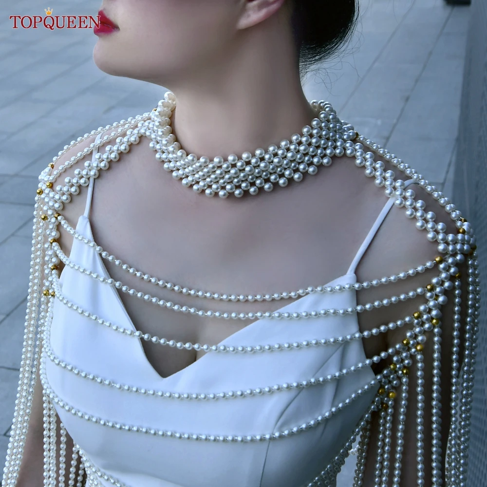 TOPQUEEN VG67 Pearls Bridal Wraps Wedding Jacket Sexy Pearl Body Chain For Women Necklaces Shawl  Shoulder Pearl Sweater DIY