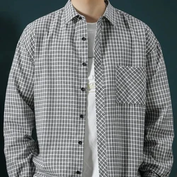 Preppy Style Long Sleeve Plaid Solid Color Pockets Turn-down Collar Button Men's Cardigan Casual Shirt Fashionable Retro Tops