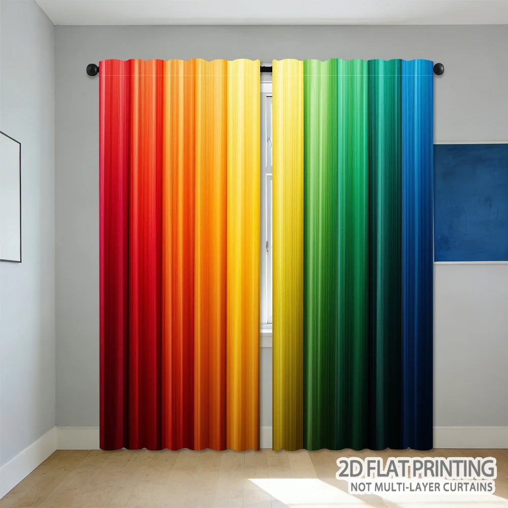 Rainbow-colored striped pattern polyester overlock curtains, with pole-mounted design, suitable for living rooms and study rooms