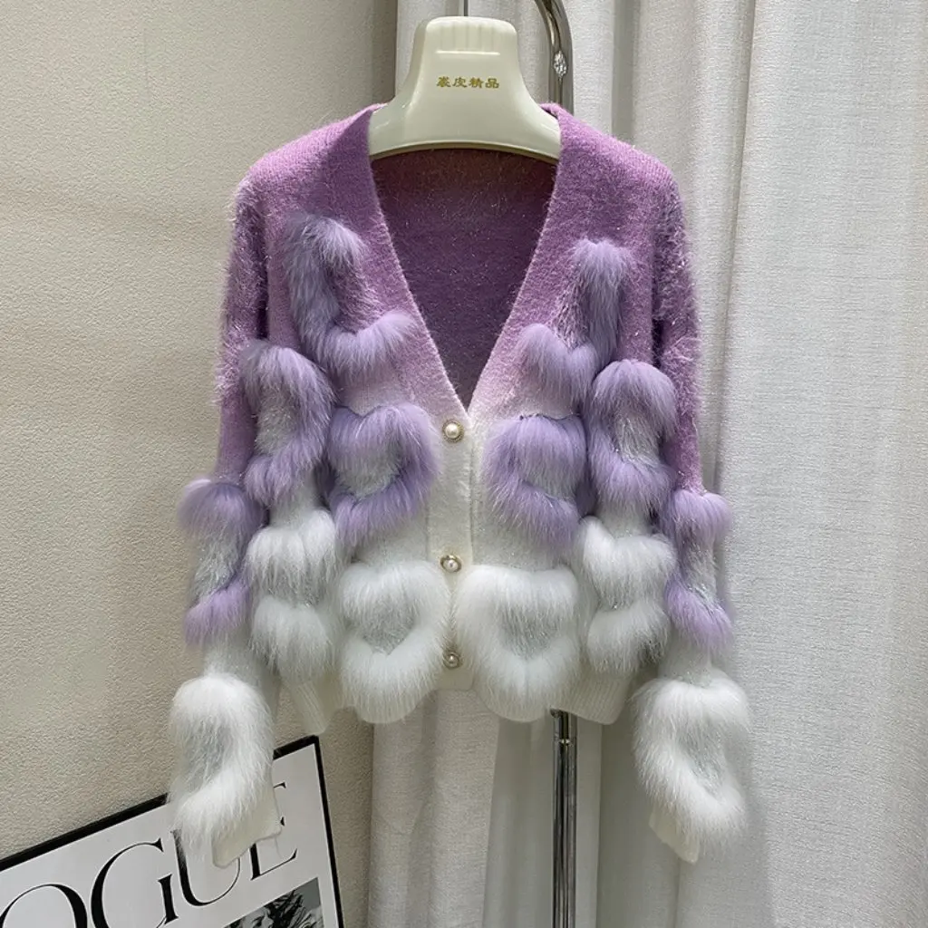 

Women's Love Ocean Real Fox Fur Patchwork Cardigan Sweater Temperament Jacket for Autumn Winter