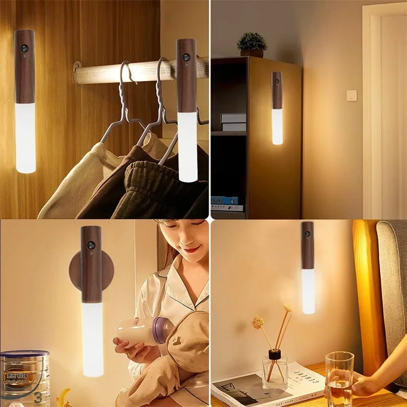 Luxury Intelligent Auto PIR Motion Sensor LED Rechargeable Lamp Magnetic Night Light Wood Wall Light Kitchen Cabinet Light