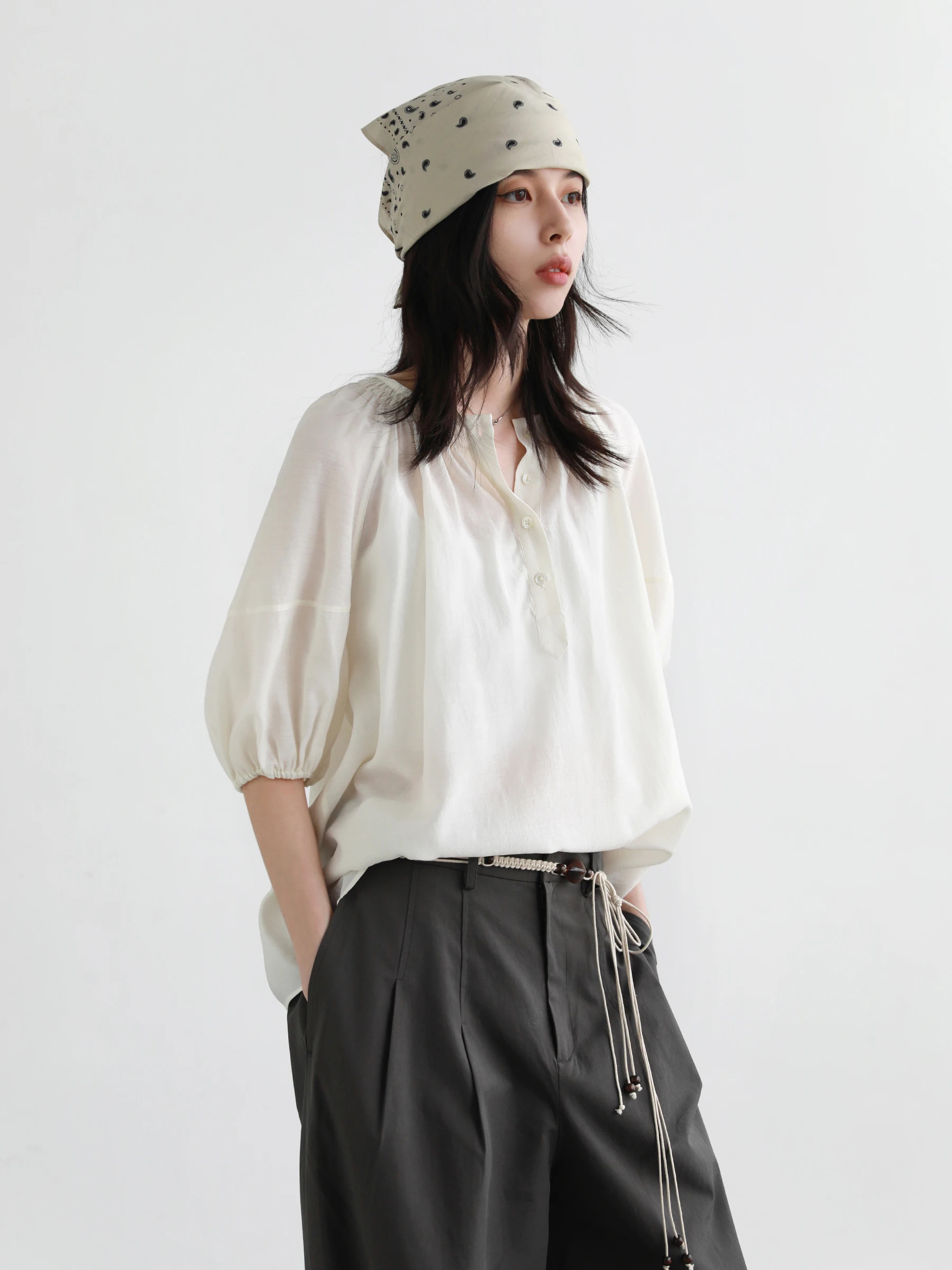 CHICVEN Women Shirt Solid Loose Casual New O Neck Pleated Mid Sleeve Blouses Female Pullover Spring Autumn 2025 Clothing