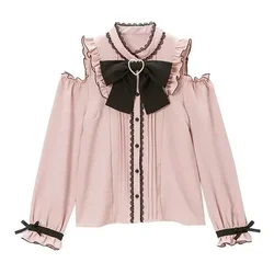 KOSAHIKI Sweet Lolita Elegant Blouses Spring Autumn Women Harajuku Lace Bow Long Sleeve Shirts Girly JK Kawaii Tops Blusas