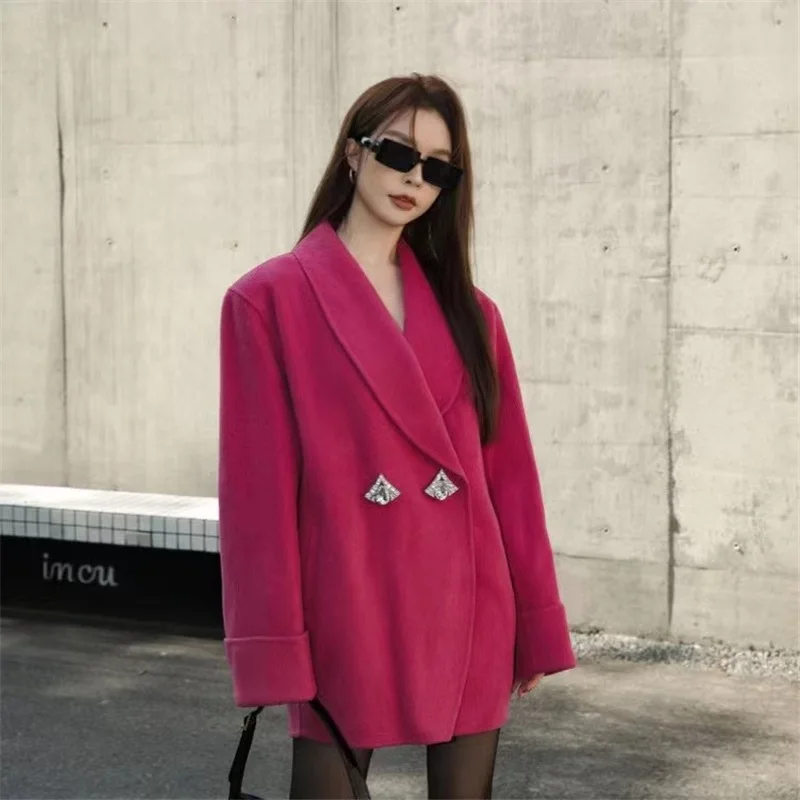 Autumn Winter High-end New Mulberry Silk Double-sided Wool Coat Women Design Fashion Rhinestone Buttons Lapel Short Wool Coat