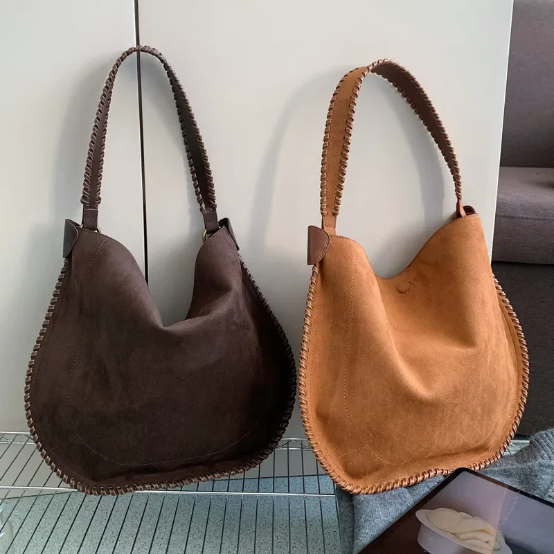 2024 Autumn Vintage Trend Frosted Suede Women's Saddle Shoulder Bag 2 Piece/set Large Capacity Braid Underarm Bag Bolsa Feminina