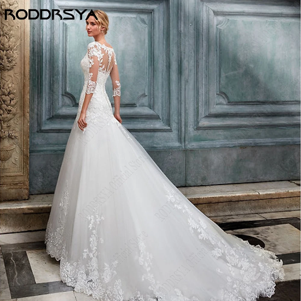 RODDRSYA gaun pernikahan yang sangat indah untuk wanita gaun pengantin Applique lengan 3/4 putri duyung gaun pengantin ritsleting punggung V-Neck Tulle robe de marifee